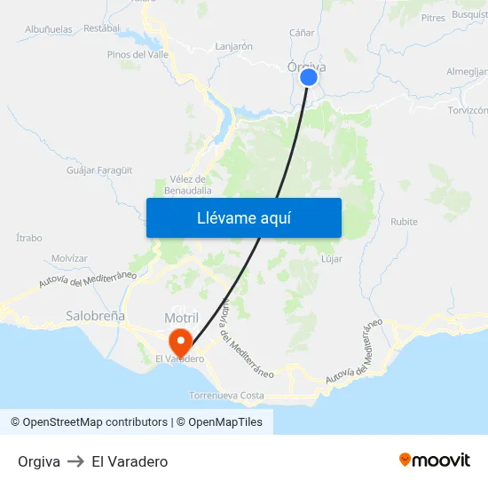 Orgiva to El Varadero map