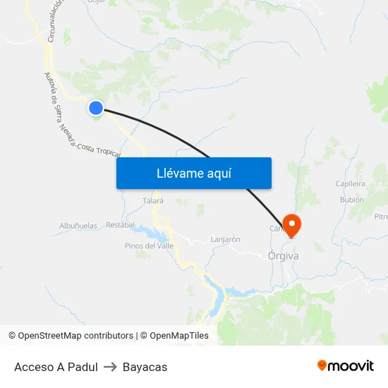 Acceso A Padul to Bayacas map