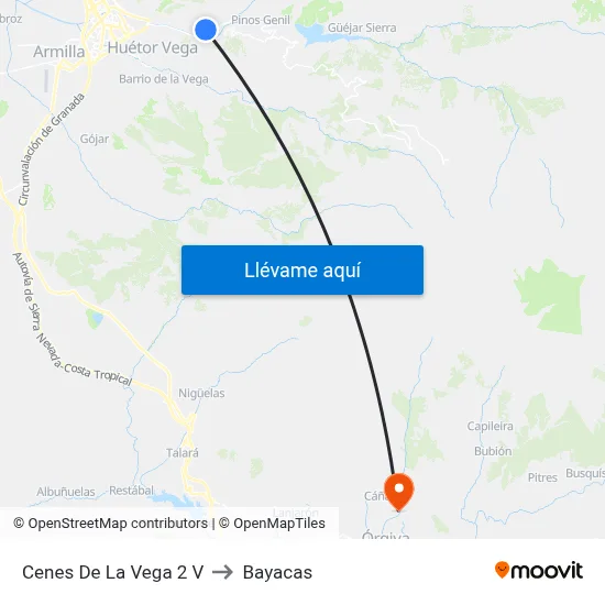 Cenes De La Vega 2 V to Bayacas map