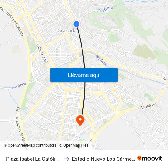Plaza Isabel La Católica 4 to Estadio Nuevo Los Cármenes map