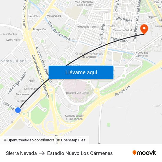 Sierra Nevada to Estadio Nuevo Los Cármenes map