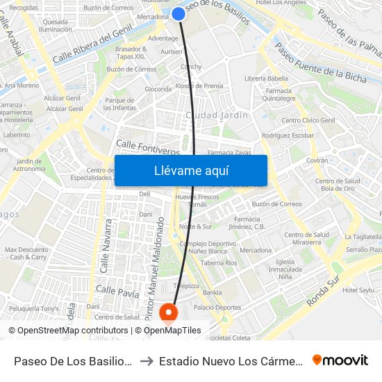 Paseo De Los Basilios 1 to Estadio Nuevo Los Cármenes map