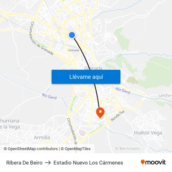 Ribera De Beiro to Estadio Nuevo Los Cármenes map