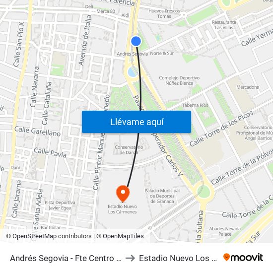 Andrés Segovia - Fte Centro Cívico Zaidín to Estadio Nuevo Los Cármenes map