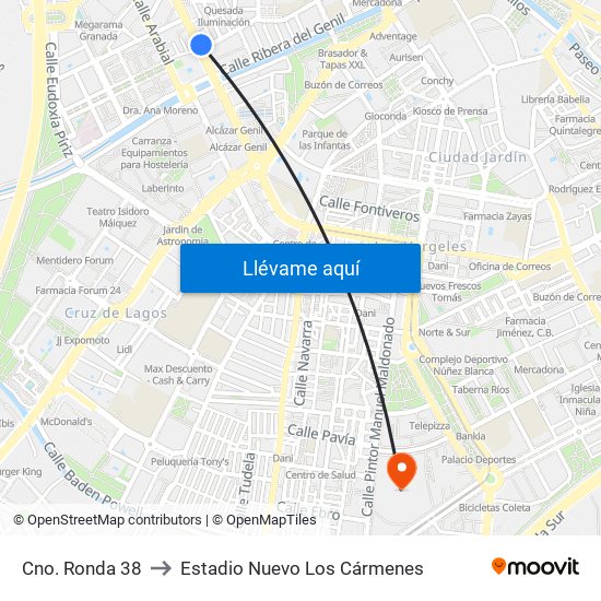 Cno. Ronda 38 to Estadio Nuevo Los Cármenes map