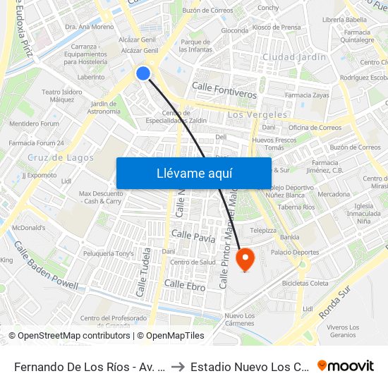 Fernando De Los Ríos - Av. Barcelona to Estadio Nuevo Los Cármenes map