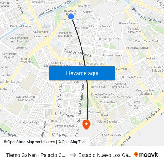 Tierno Galván - Palacio Congresos to Estadio Nuevo Los Cármenes map