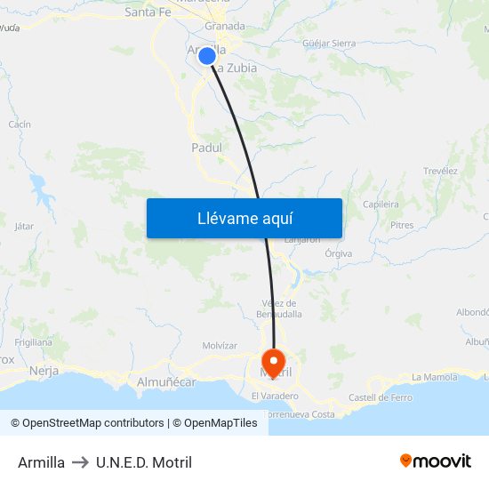 Armilla to U.N.E.D. Motril map