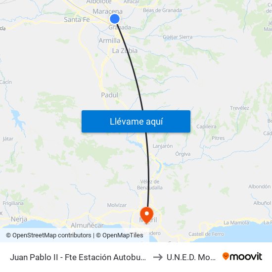 Juan Pablo II - Fte Estación Autobuses to U.N.E.D. Motril map
