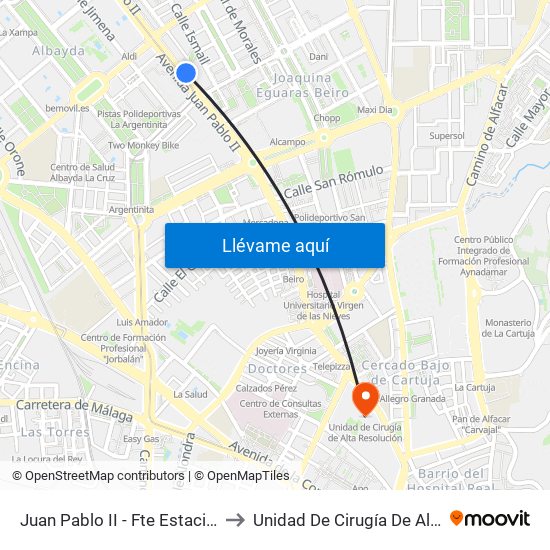 Juan Pablo II - Fte Estación Autobuses to Unidad De Cirugía De Alta Resolución map