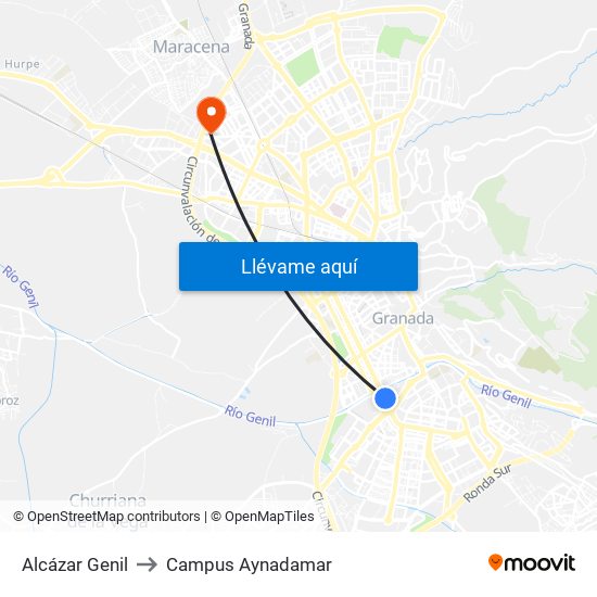 Alcázar Genil to Campus Aynadamar map