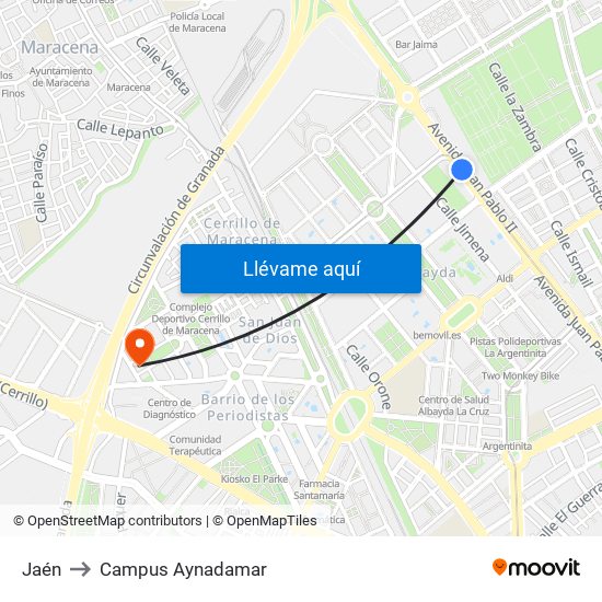 Jaén to Campus Aynadamar map