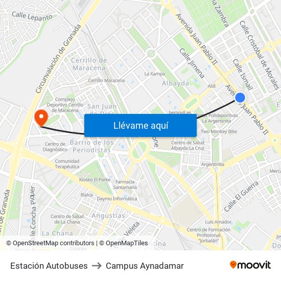 Estación Autobuses to Campus Aynadamar map