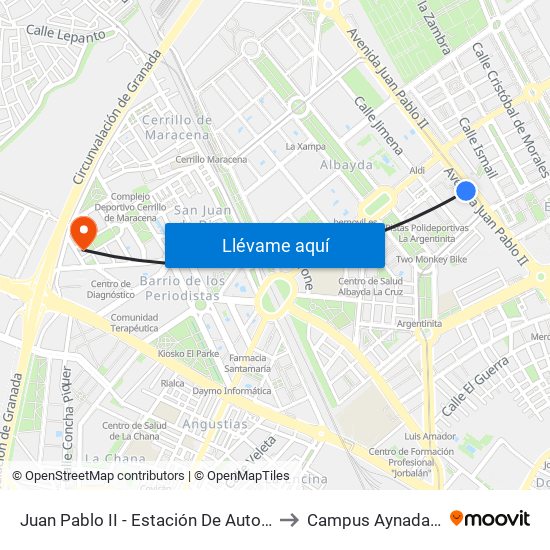 Juan Pablo II - Estación De Autobuses to Campus Aynadamar map