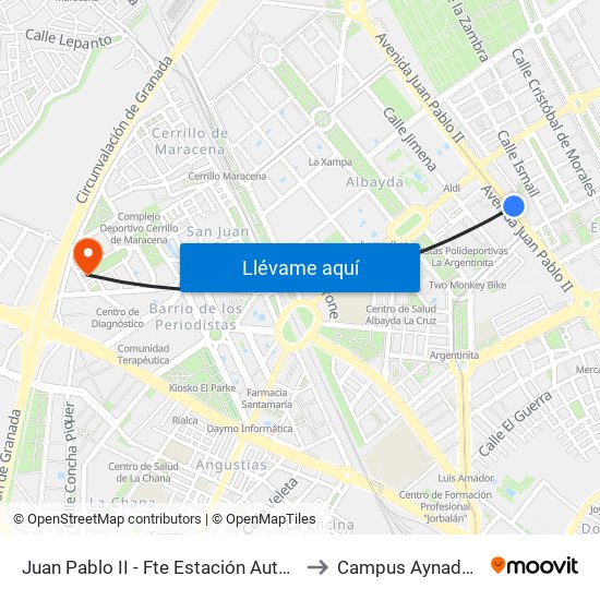 Juan Pablo II - Fte Estación Autobuses to Campus Aynadamar map