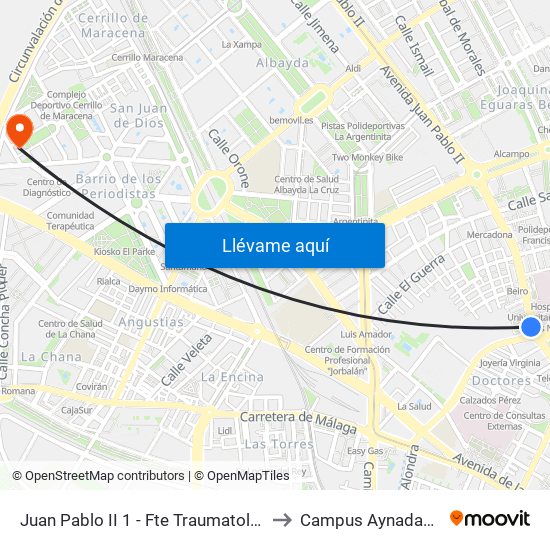 Juan Pablo II 1 - Fte Traumatología to Campus Aynadamar map