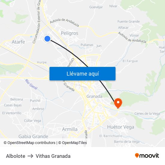 Albolote to Vithas Granada map