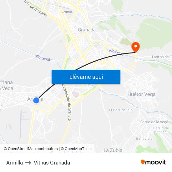 Armilla to Vithas Granada map