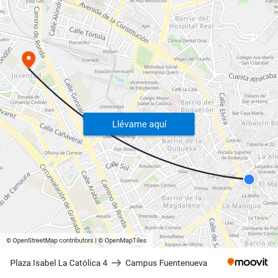 Plaza Isabel La Católica 4 to Campus Fuentenueva map