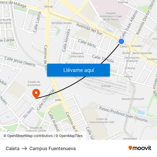 Caleta to Campus Fuentenueva map