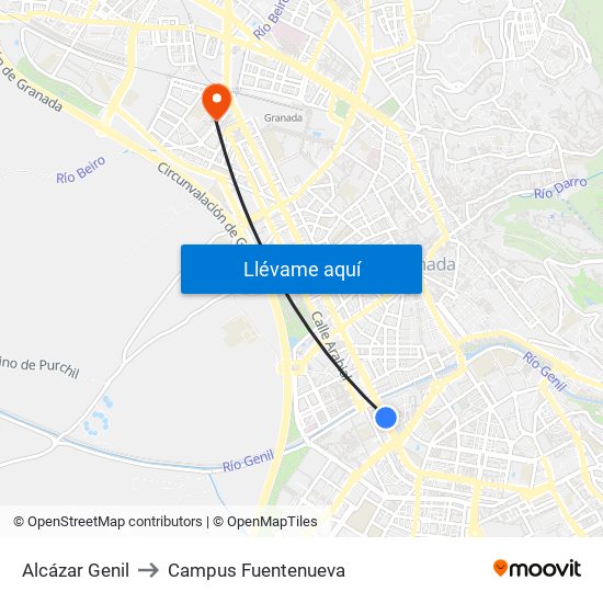 Alcázar Genil to Campus Fuentenueva map