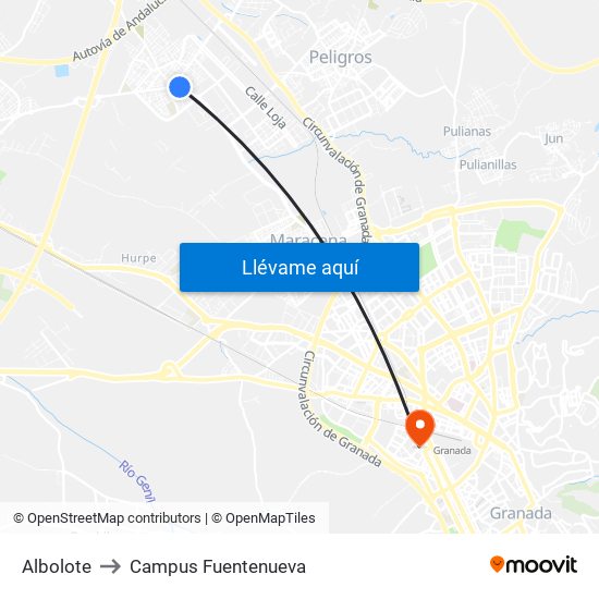 Albolote to Campus Fuentenueva map