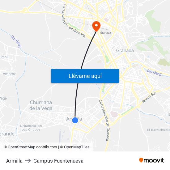 Armilla to Campus Fuentenueva map