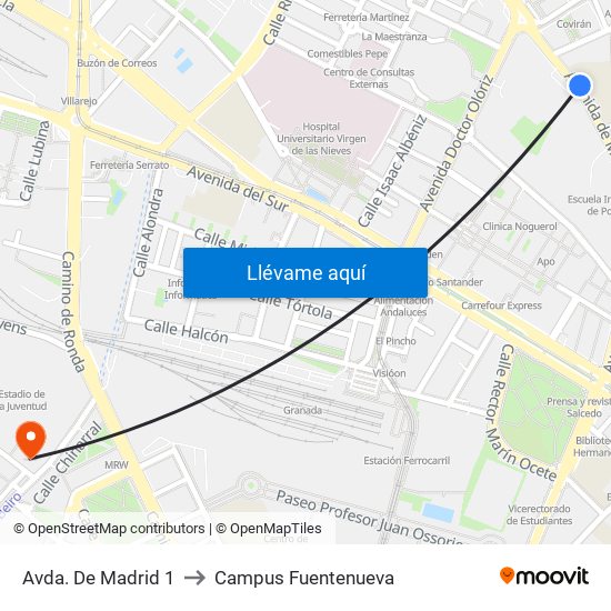 Avda. De Madrid 1 to Campus Fuentenueva map
