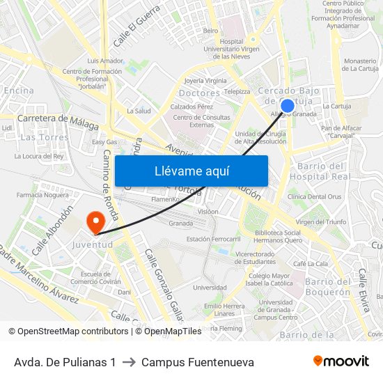 Avda. De Pulianas 1 to Campus Fuentenueva map