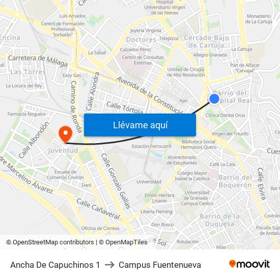 Ancha De Capuchinos 1 to Campus Fuentenueva map