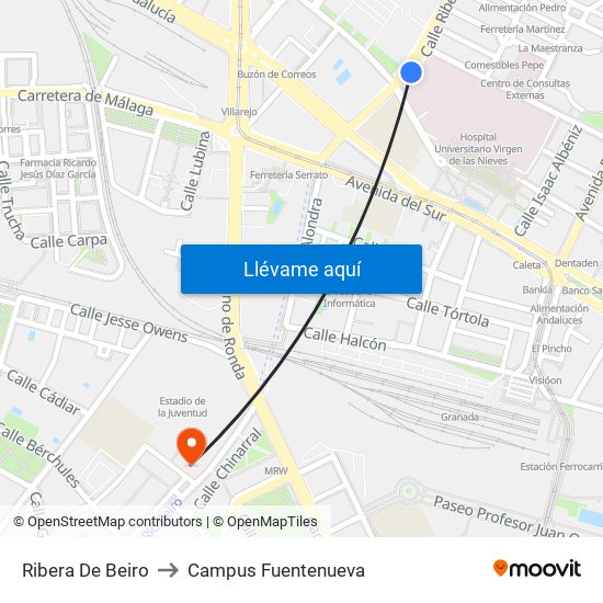 Ribera De Beiro to Campus Fuentenueva map