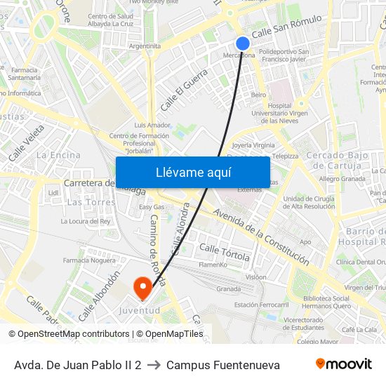 Avda. De Juan Pablo II 2 to Campus Fuentenueva map