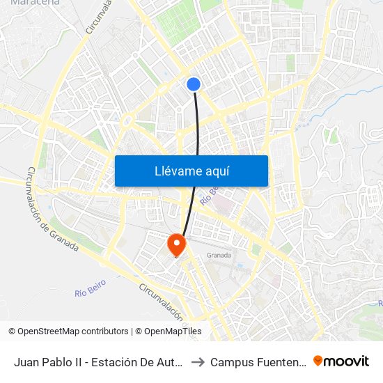 Juan Pablo II - Estación De Autobuses to Campus Fuentenueva map