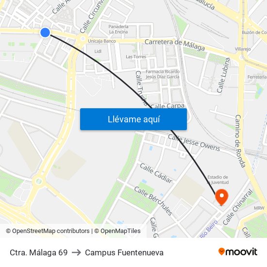 Ctra. Málaga 69 to Campus Fuentenueva map