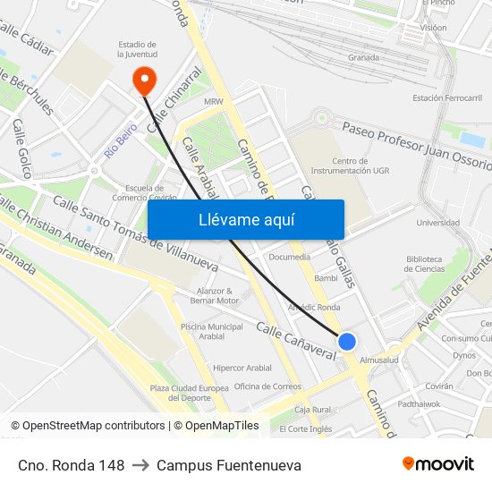 Cno. Ronda 148 to Campus Fuentenueva map