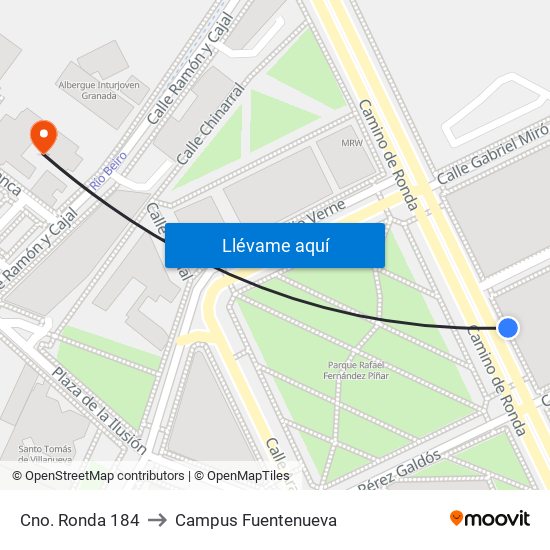 Cno. Ronda 184 to Campus Fuentenueva map