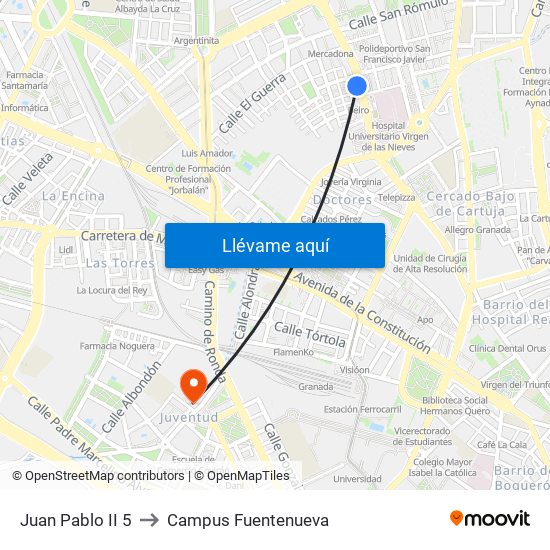 Juan Pablo II 5 to Campus Fuentenueva map