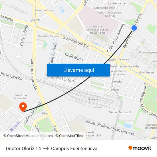 Doctor Olóriz 14 to Campus Fuentenueva map