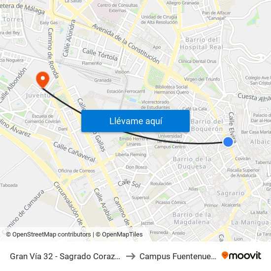 Gran Vía 32 - Sagrado Corazón to Campus Fuentenueva map