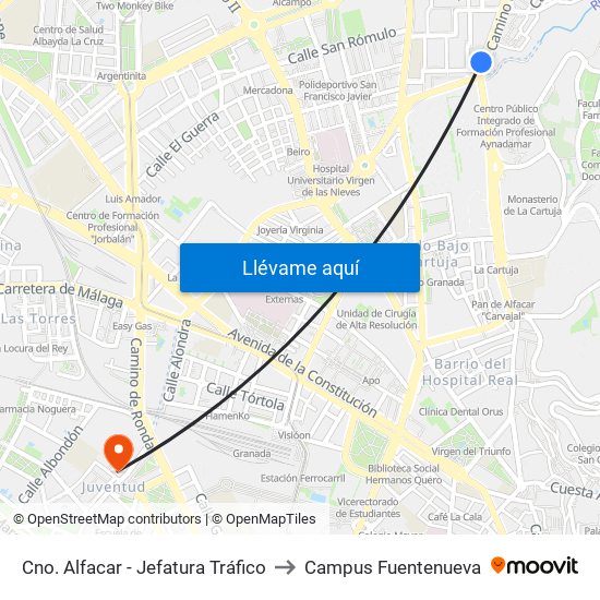 Cno. Alfacar - Jefatura Tráfico to Campus Fuentenueva map