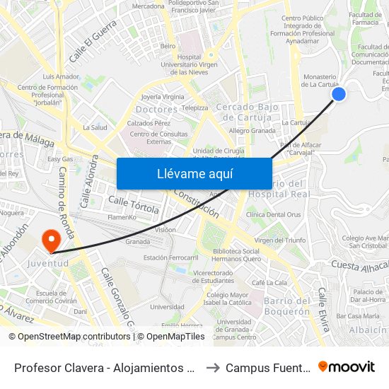 Profesor Clavera - Alojamientos Universitarios to Campus Fuentenueva map