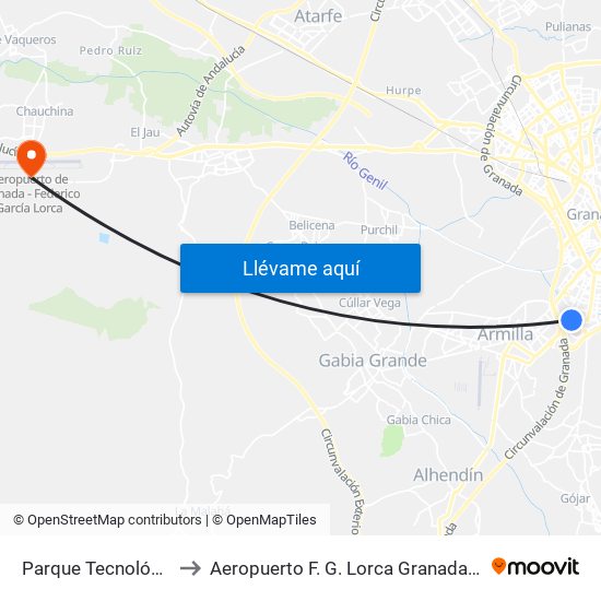 Parque Tecnológico to Aeropuerto F. G. Lorca Granada-Jaén map