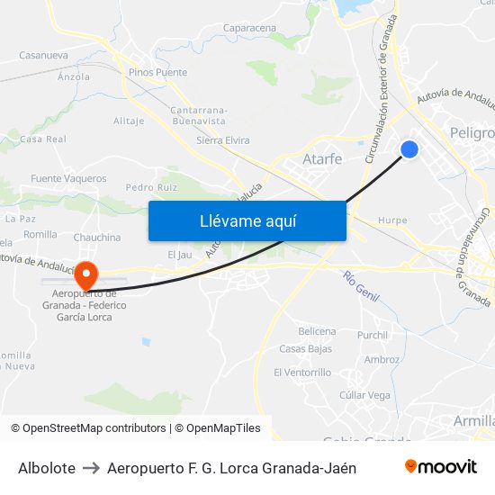 Albolote to Aeropuerto F. G. Lorca Granada-Jaén map