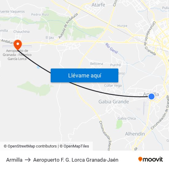 Armilla to Aeropuerto F. G. Lorca Granada-Jaén map