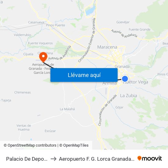 Palacio De Deportes to Aeropuerto F. G. Lorca Granada-Jaén map