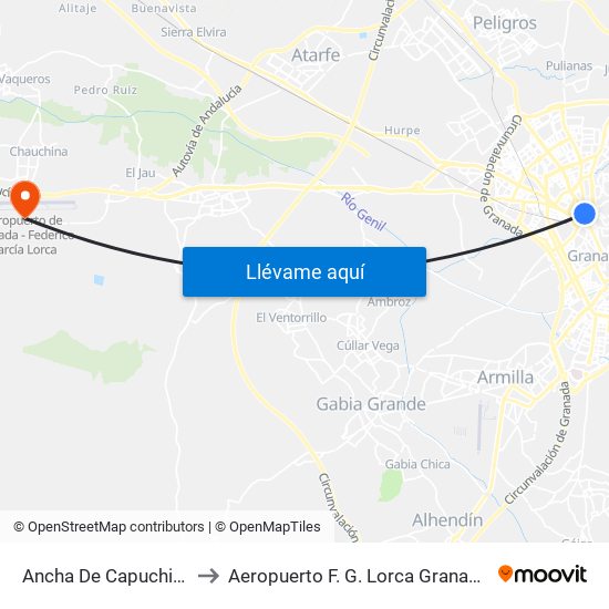 Ancha De Capuchinos 1 to Aeropuerto F. G. Lorca Granada-Jaén map
