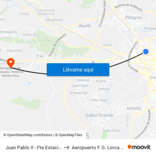 Juan Pablo II - Fte Estación Autobuses to Aeropuerto F. G. Lorca Granada-Jaén map