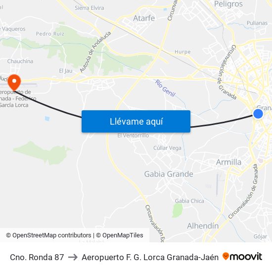 Cno. Ronda 87 to Aeropuerto F. G. Lorca Granada-Jaén map