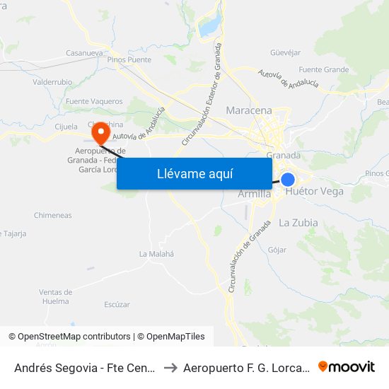 Andrés Segovia - Fte Centro Cívico Zaidín to Aeropuerto F. G. Lorca Granada-Jaén map