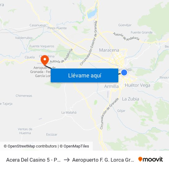 Acera Del Casino 5 - Puerta Real to Aeropuerto F. G. Lorca Granada-Jaén map